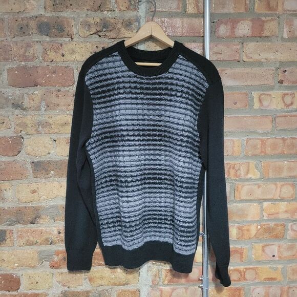 Club Monaco Wool Caviar Knit Textured Plaid Crewneck Black Gray Sweater Size L - Picture 2 of 5